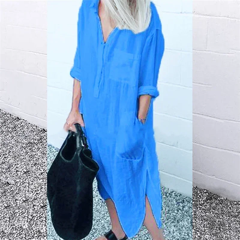 Frauen elegante Baumwolle Leinen einfarbige Kleider Sommer bequeme weibliche lässige Pendler Kleid Multi-Pocket Split Saum lose Kleid – Detail 8