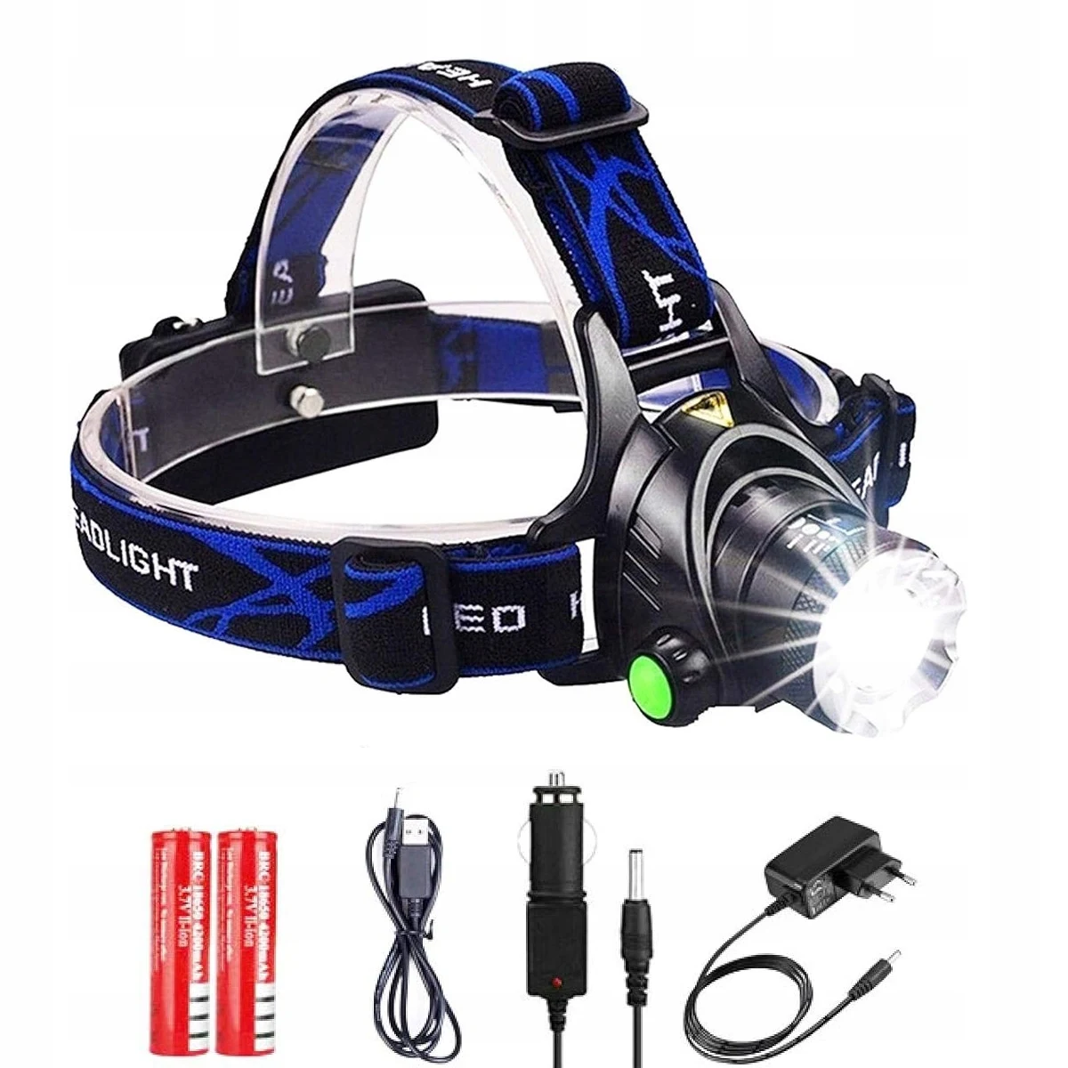 Image of LED-Stirnlampe, wiederaufladbar, Zoom XML T6 CREE Stirnlampe mit 2x 18650 Li-Ion-Akku, Netz- und Autoladegerät, 500m Leuchtweite, 8 Lichtmodi, rote LED vorne und hinten, einstellbarer Fokus,