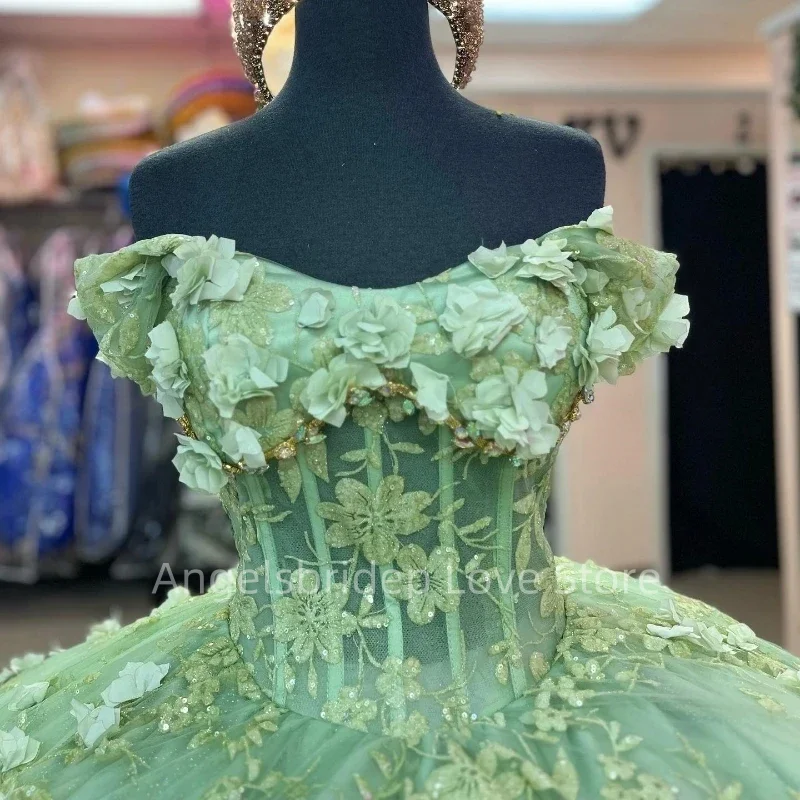 Angelsbridep gaun pesta hijau Mint gaun Quinceanera gaun pesta ulang tahun Vestidos De Fiesta dengan 3D Floral berjenjang bahu terbuka