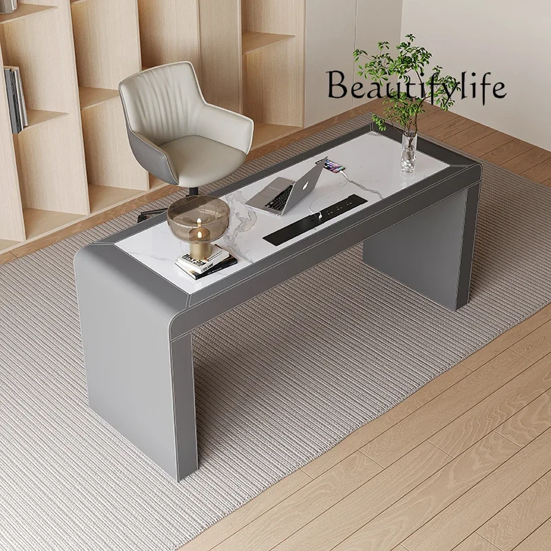 N49 Modern Minimalist Slate Desk Home Study Solid Wood Desk Premium Saddle Leather Computer Desk