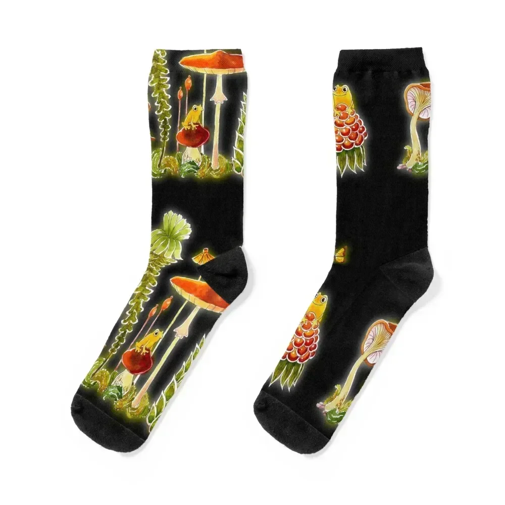 Moss, Frogs and Mushrooms on Black Socks gym Stockings FASHION Socks Girl Men's