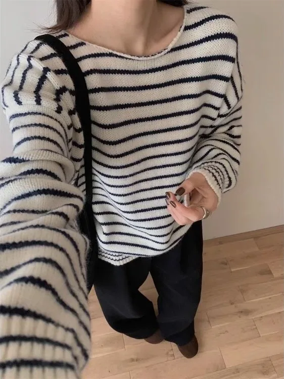 

Slimming Knitted Sweater Trendy Striped Casual Sle Dongda Gate New Arrival for Autumn Season Korean Version Personali