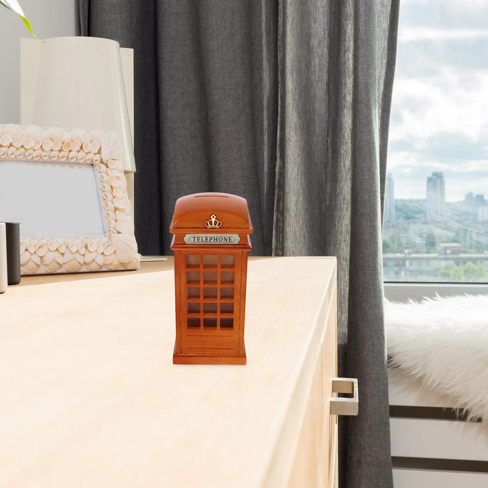 

Wooden Telephone Booth Piggy Bank Vintage Style Coin Box Decorative Saving Pot for Home Office Desktop Decoration