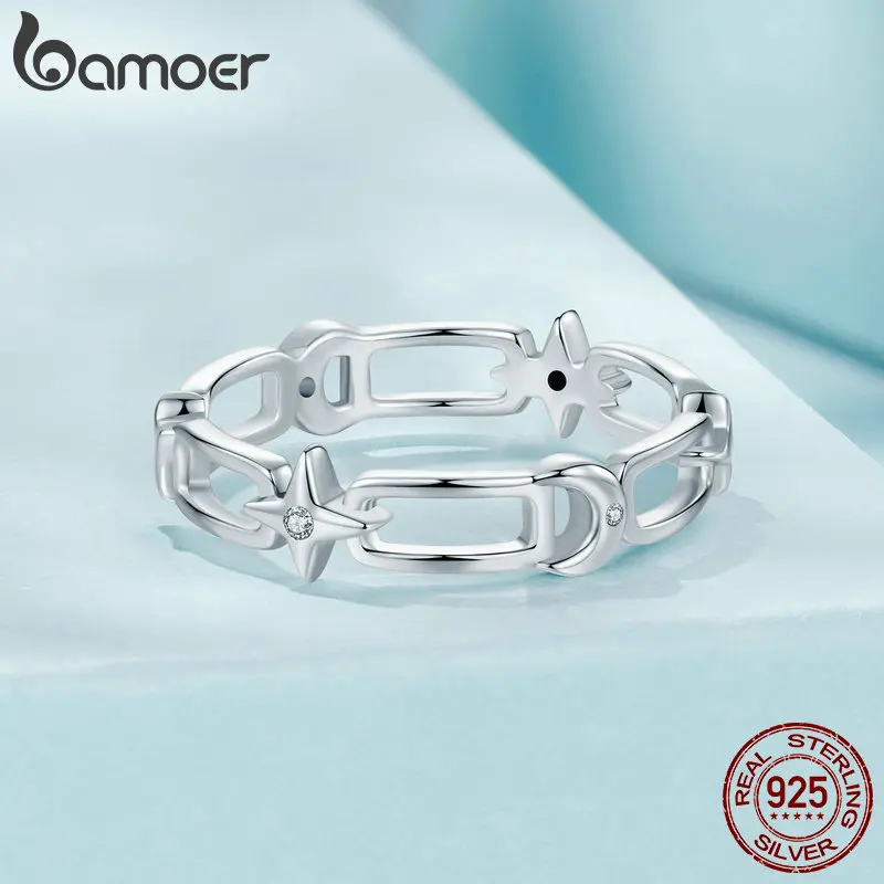 Bamoer 100% 925 Sterling Silver Celestial Chain Ring Retro Simple Ring For Women S925 Fine Jewelry Birthday Party Gift DIY