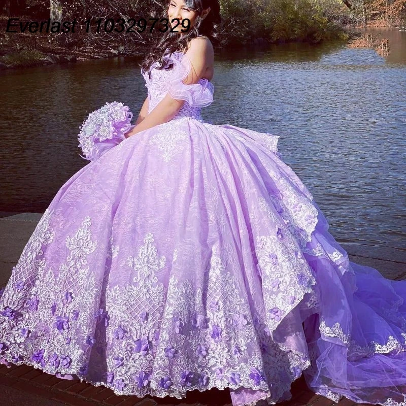 

EVLAST Glitter Lilac Quinceanera Dress Off Shoulder 2024 Lace Applique Beading Tiered Corset Sweet 16 Vestido De 15 Anos TQD623