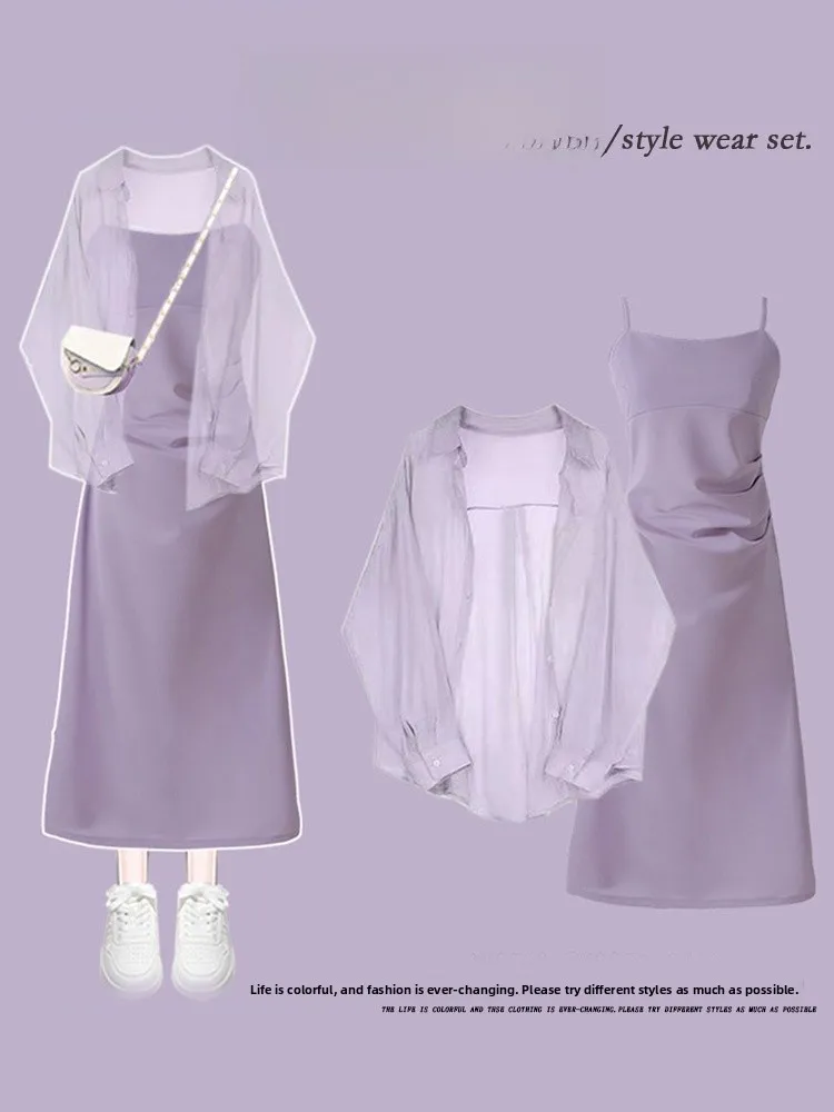 

Elegant plus Size Spring Autumn Set Women's Dopamine Sunscreen Shirt with Gentle Wind Slimming Strap Dress Two Piece Set