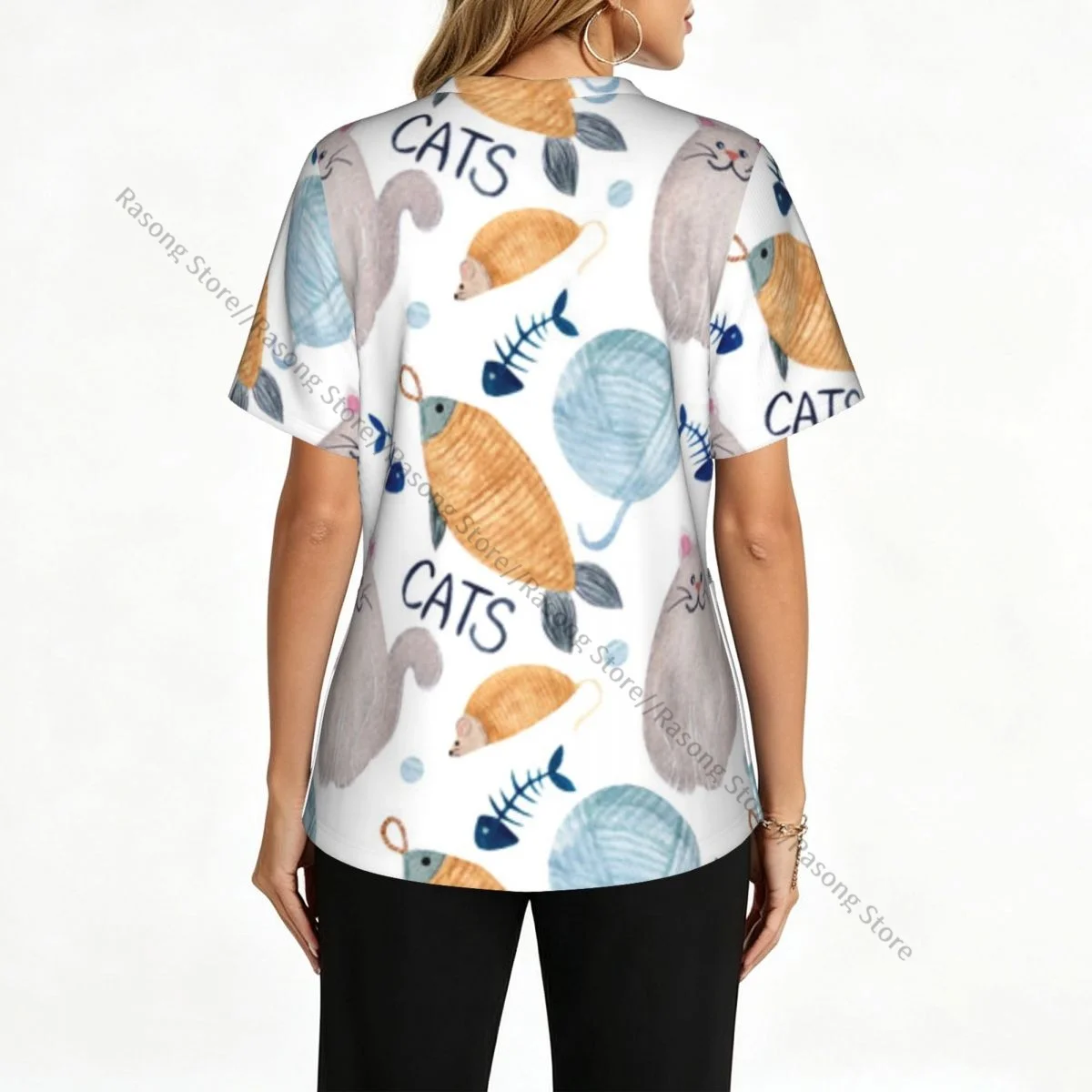 Watercolor Cat Scrubs tops medical uniforms women V Neck Stretch Scrub Shirt Dentist doctor Blouse
