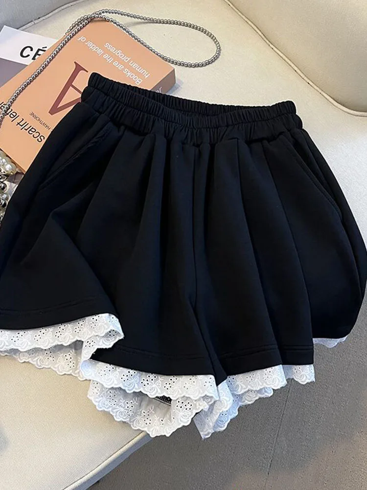 Women Solid Fashion High Waist Slim Casual Shorts Autumn 2024 Korean Style New Elastic Waist Design Sweet Lace Wide Leg Shorts