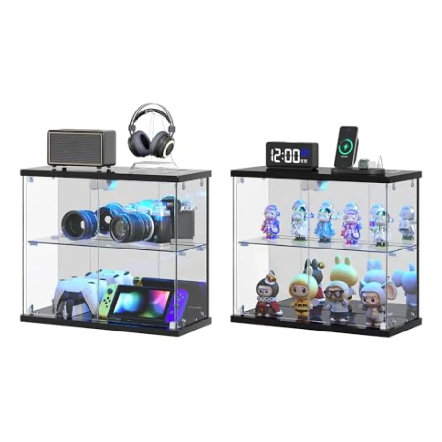 2pc Glass Display Case with LED Lights for Collectible Figures: Clear Tempered Glass, Black Frame, Adjustable Shelves, Soft Glo