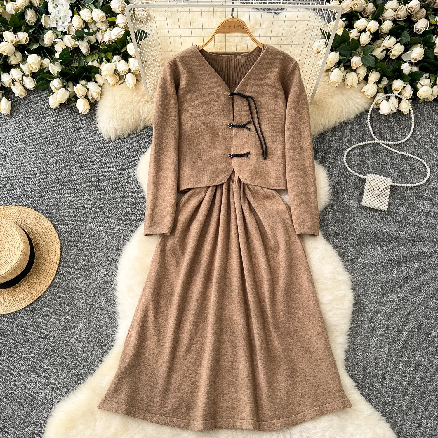 Chic Twp-piece Sets Casual Button Knit Vest Vintage Basics Sleeveless A-line Dress Sweet Evening Autumn Winter Women Clothing