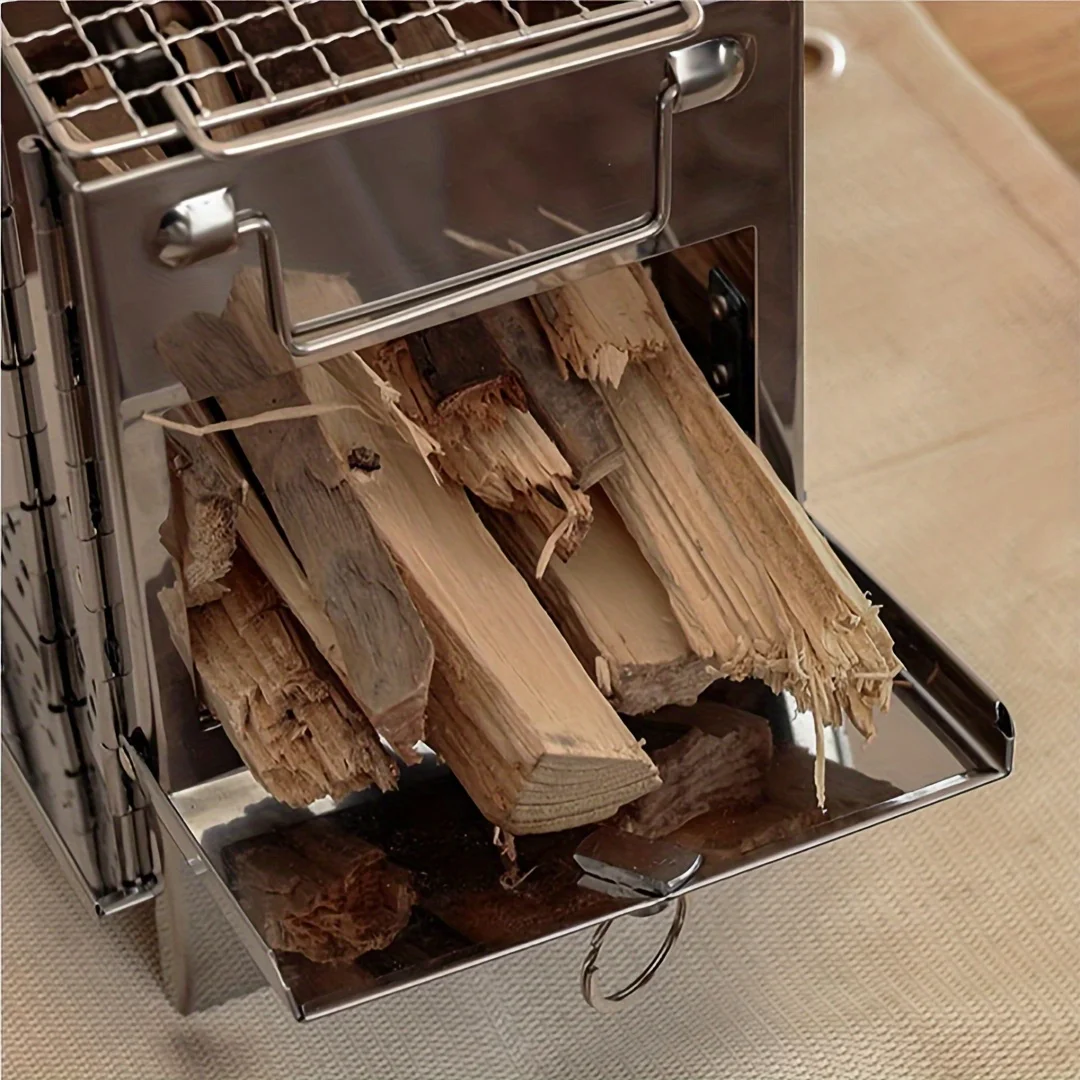 موقد حطب محمول من الفولاذ المقاوم للصدأ للتخييم والنزهات والشواء - مدمج وخفيف الوزن