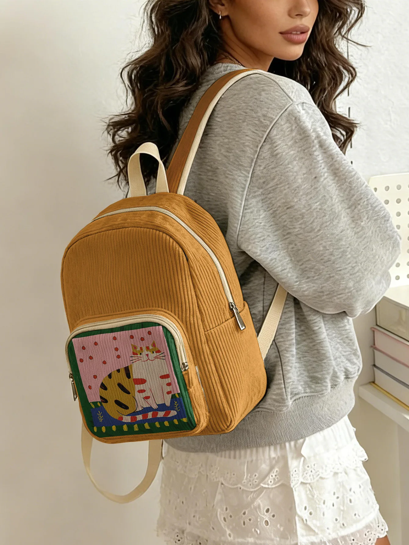 

Cute Folk Art Cat Print Women Fashion Backpack Corduroy Multi-pocket Large Capacity Commuter Bag