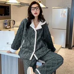 Two-Piece Famale Coral Velvet Pajamas 2024 Autumn Winter Homewear Padded Warm Trouser Pijamas Suit Loose Thickened Homewear Set