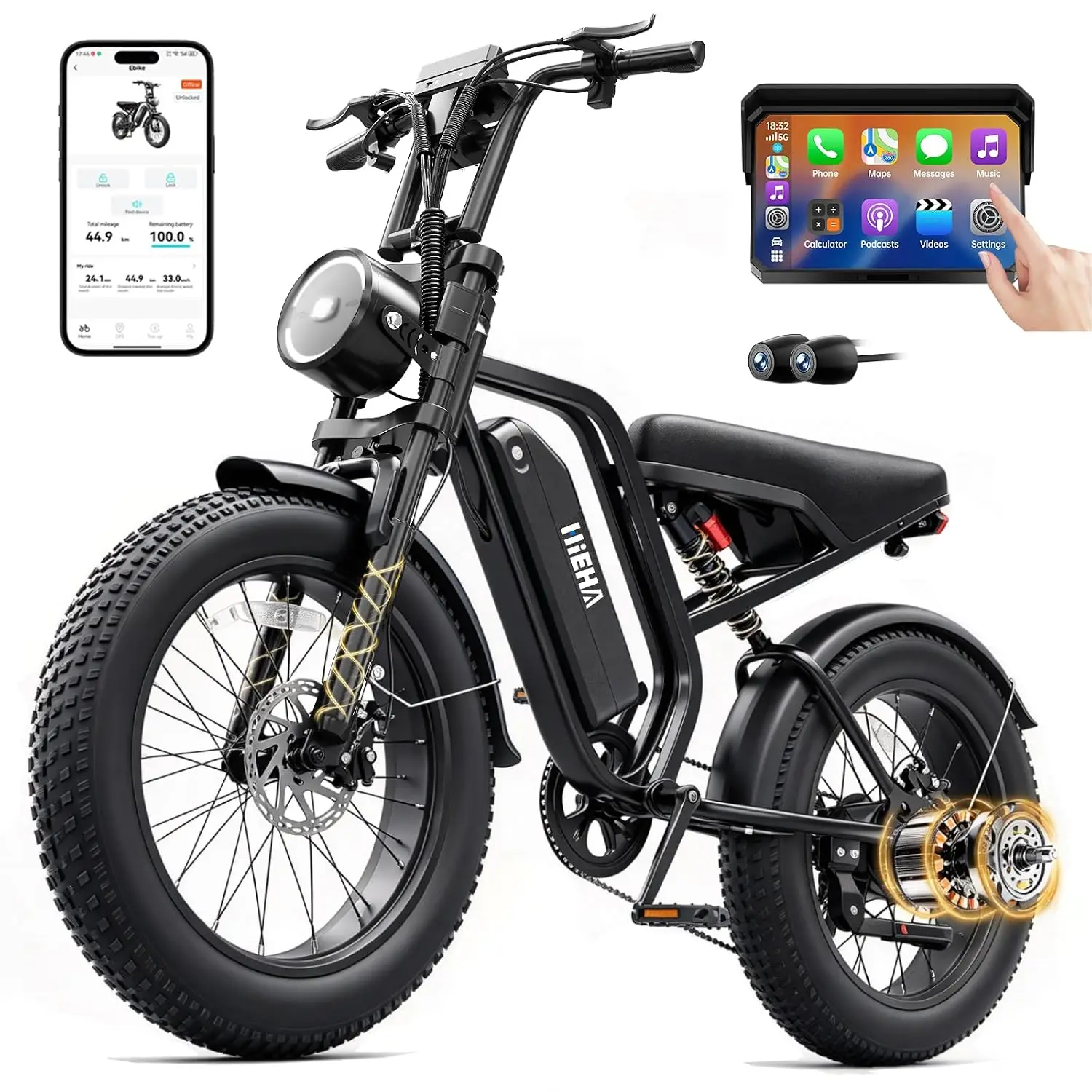 Electric Bicycle with CarPlay&Android Auto, 1080P Dual Dash Cam, Customized