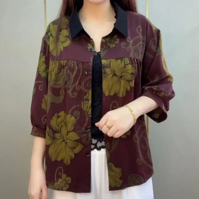 

Women Floral Print Shirt 3/4 Sleeve Vintage Loose Button-up Blouse for Mom