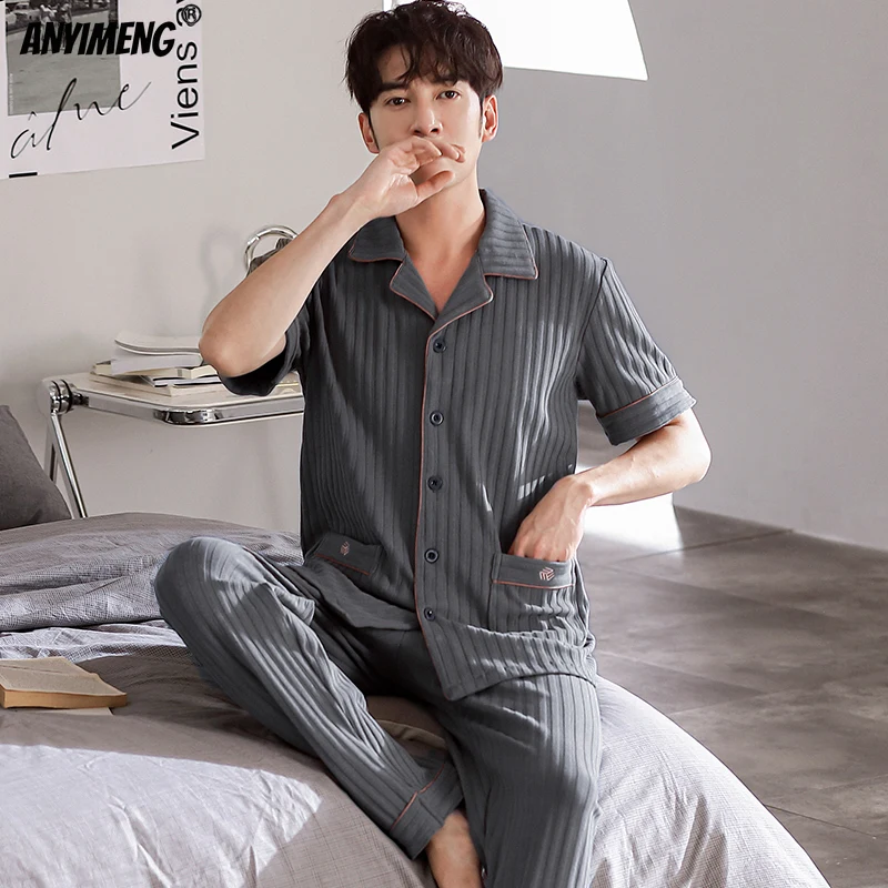 New Summer Plus Size 4XL High Quality Pajama for Men Soft Cotton Elegant Men's Sleepwear Short Sleeve Long Pants Button Pijamas