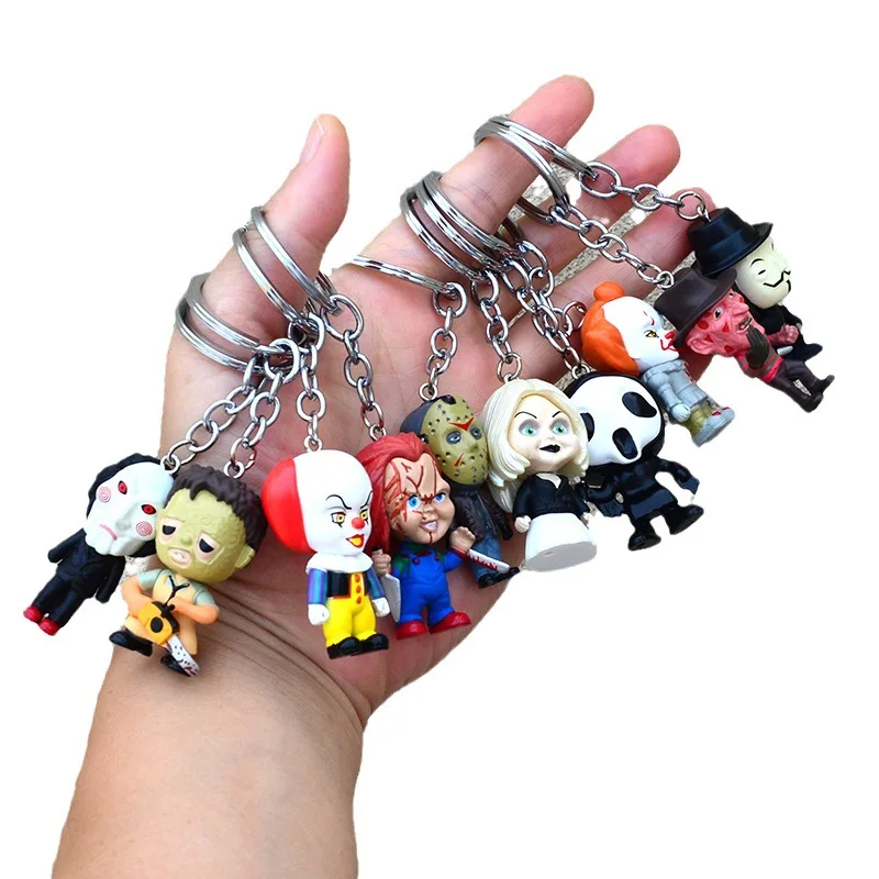 Figuras de acción de película de terror, Chucky, Jason, Scary Saw, llavero, modelo de PVC, juguetes, accesorios de coche, colgante, regalo de muñeca, 10 piezas por juego