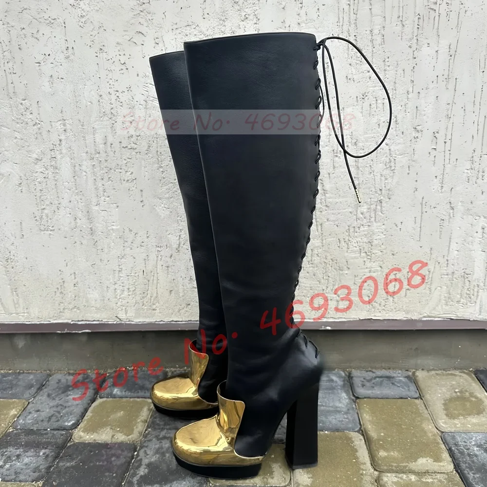 

Gold Patch Platform Knee High Boots Women Side Zipper Round Toe High Chunky Heels Chic Fashion Cross Tied Leather Splicing Shoes