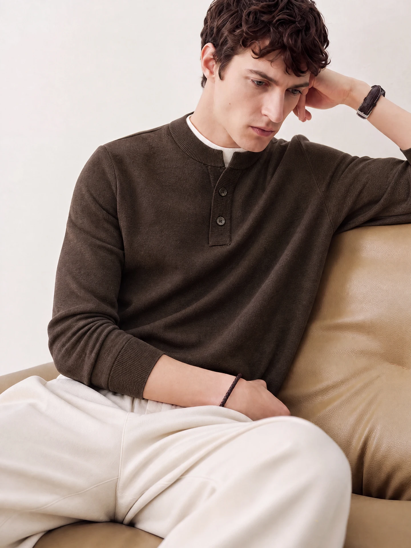 Casual Wool Blend Knitted Long Sleeve Sweater Men's Preppy Style Henry Collar Fake Two-Piece Lightweight Comfortable Spring A...