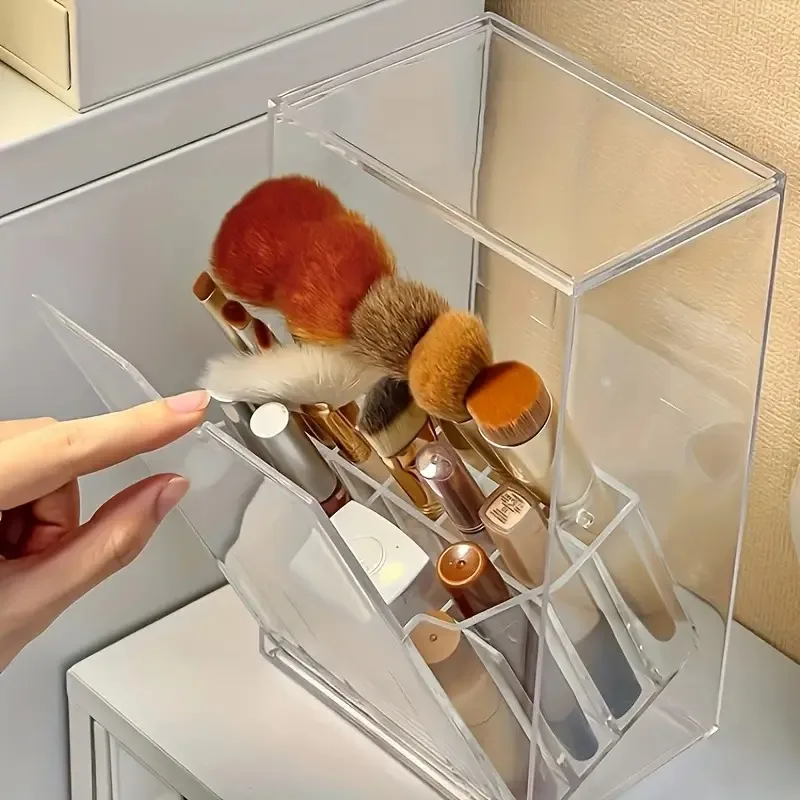 Flip-Top Clear Makeup Brush Holder Cosmetic Storage Box Dust-Proof Desktop Organizer for Brushes And Accessories