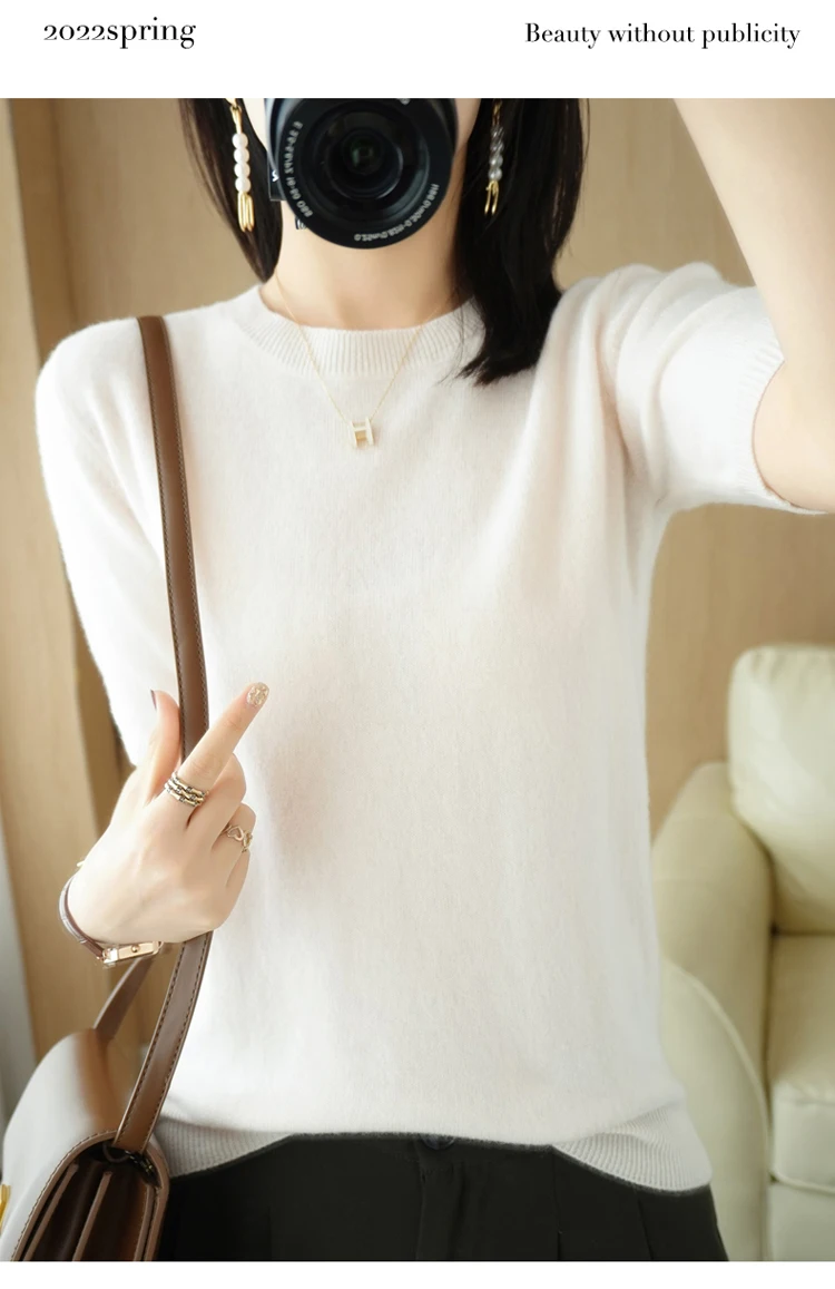 Spring 2022 New Women's O-Neck Short-Sleeved Exquisite Cashmere Sweater Pullover