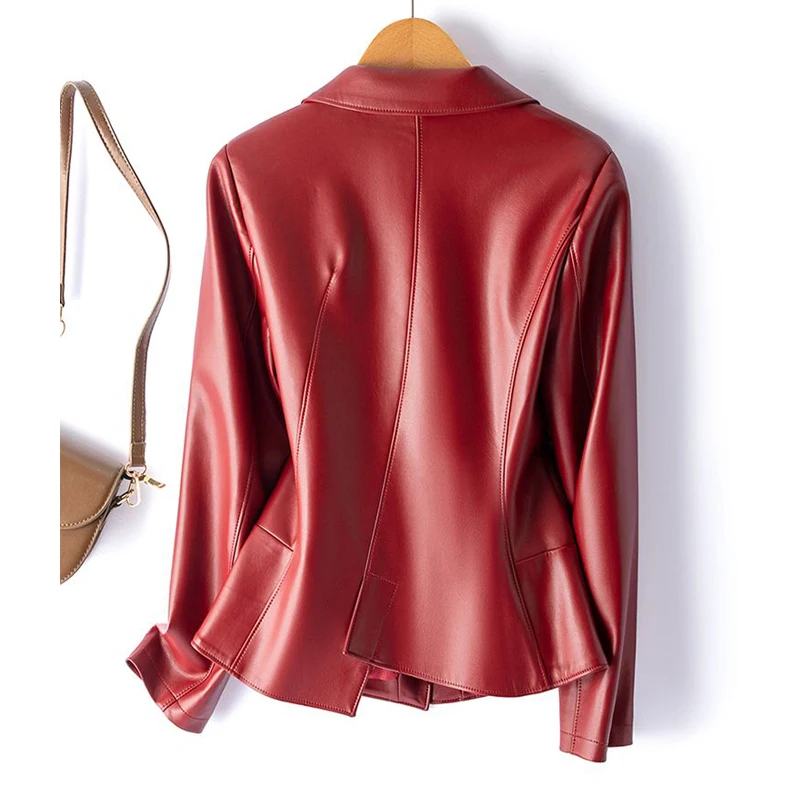 Chic Wine Red Women Split Leather Jacket Coats Fashion Single Button Long Sleeve Slim Ladies Slim Sheepskin Jackets Size M-5XL