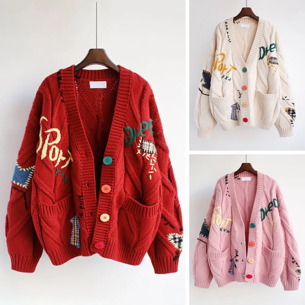 Sweater Jacket  Thick   Knitted Cardigan Autumn Winter Embroidery Letter Pattern Buttons Placket Sweater Cardigan