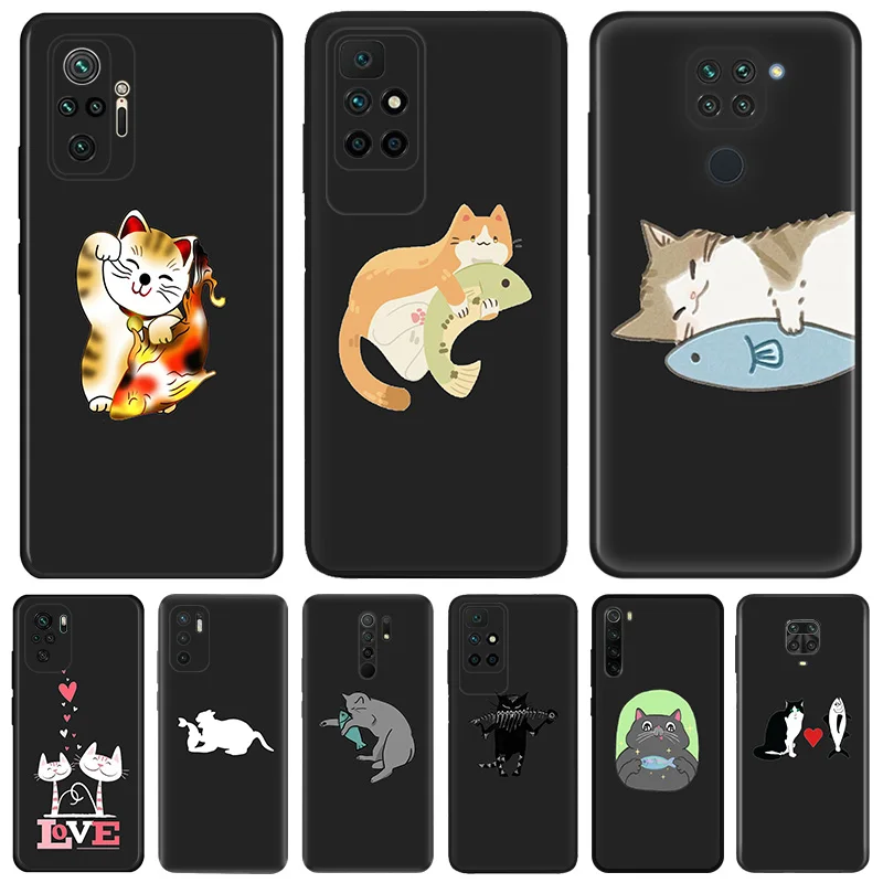 Phone Case For Redmi Note 10 9 9s 8 8t 9t 10s 9c 9a 7 10c Love Fish Cute Cat Xiaomi 10t Pro Note10 Lite Shell Black Cases Cover