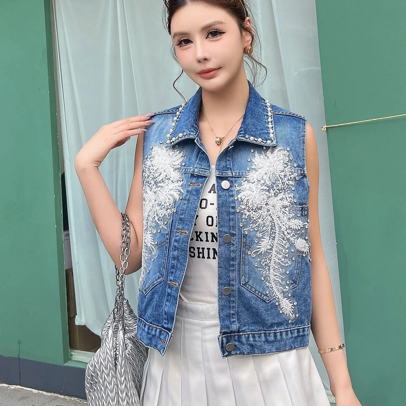 Large Denim Vest Spring Summer New Style With Diamond Studded Denim Heavy-duty Nail Bbead Sleeveless Jacket Women Versatile Vest