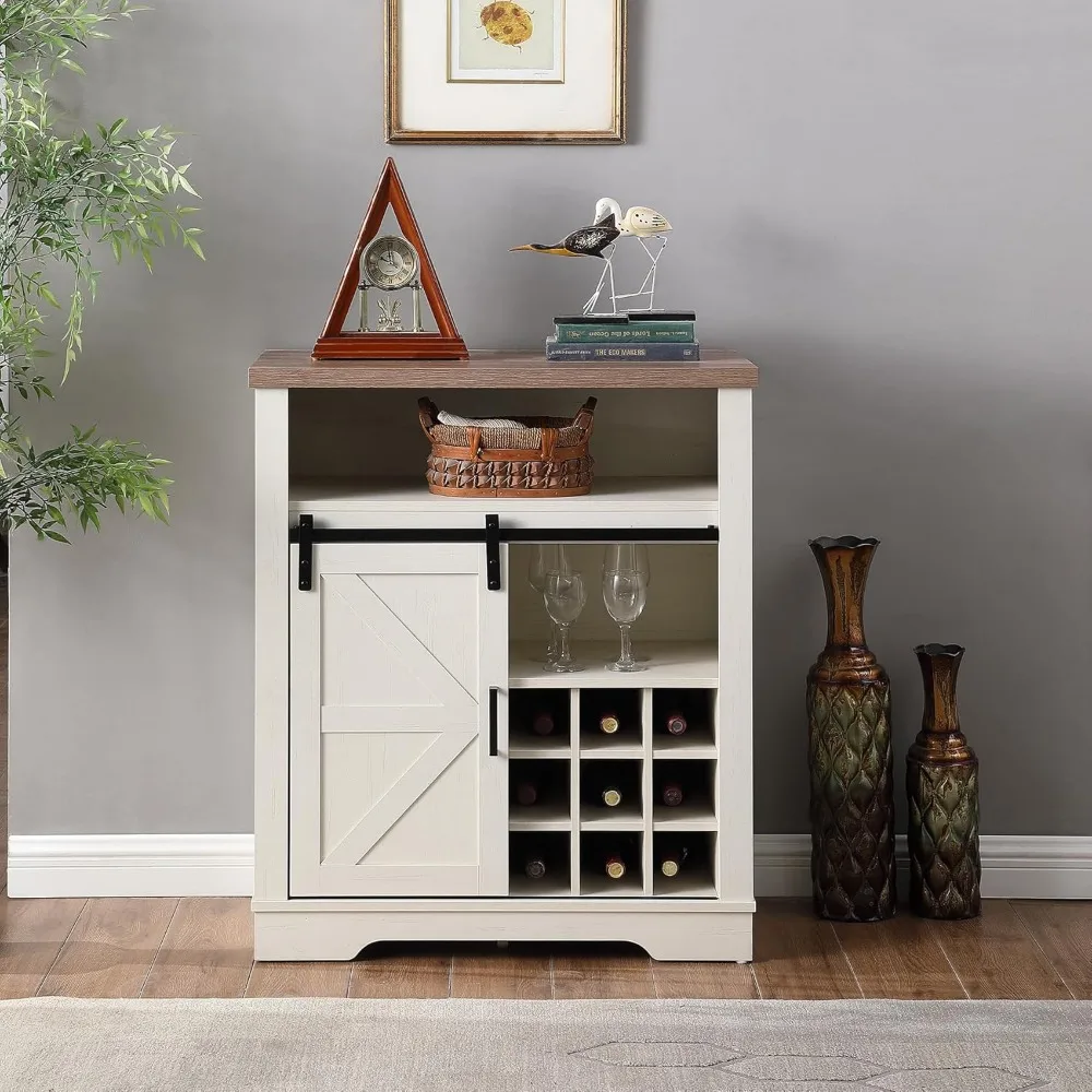 

Farmhouse Wine Cabinet with Sliding Barn Door & Open Shelf, Liquor Cabinet with Rack for Inside Cabine，Buffet Table for Dining R