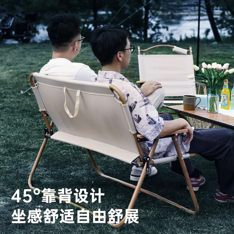 2인용 접이식 나무 무늬 캠핑 의자, 휴대용 다기능 알루미늄 합금 야외 캠핑 레저 의자