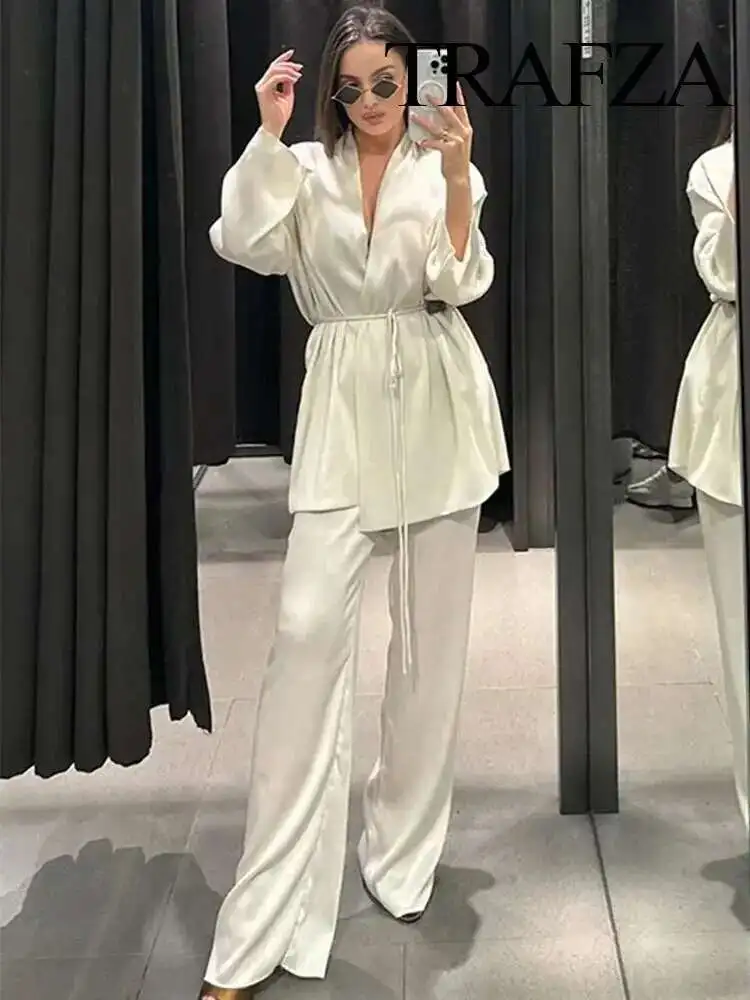 

2025 Spring Women 2 Piece Pleated Trousers Set New Solid Kimono Shirt Top + Chic Versatile Female Wide Leg Long Pant