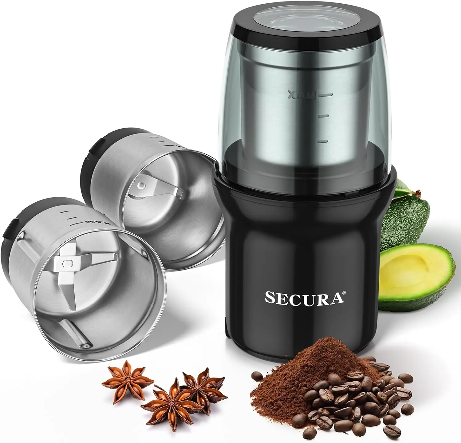 Electric Coffee Grinder, Press Control Spice Grinder for Coffee Bean Seeds Herbs with 2 Stainless Steel Blades Removable Bowls