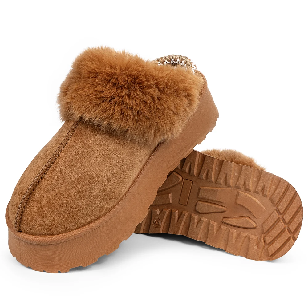 Fuzzy Platform Snow Boots Slippers for Women Fur Fluffy Slip-On Indoor Outdoor Slippers Memory Foam Clogs for Women Shoes