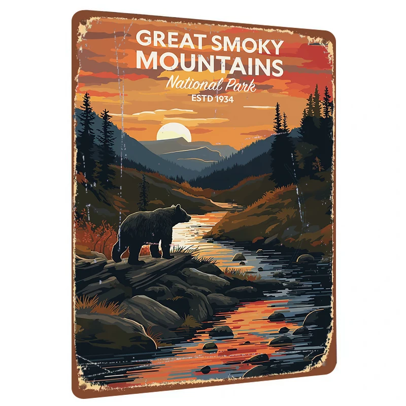 Great Smoky Mountains National Park Vintage Metal Wall Art Sunset Bear River Landscape Decor