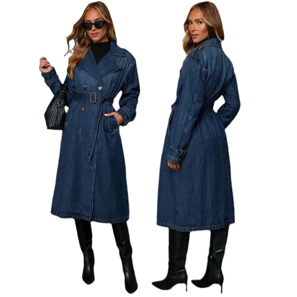 Denim Trench Coat Long Jacket for Women 2024 Autumn Temperament Outerwear Double Breasted Sashes Tight Waist Windbreaker