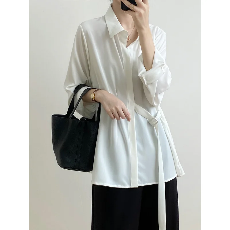 Shirts Women Design Creativity Casual All-match 2023 New Pure Daily Stylish Korean Style Loose Office Ladies Spring Lace-up