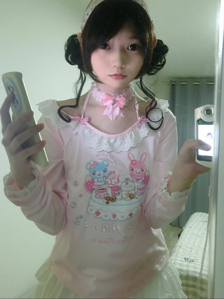 Cute Sweet Japanese Subculture Long Sleeve T-Shirt for Girls Childlike Print Hanging Neck Fake Two-Piece Top Adorable