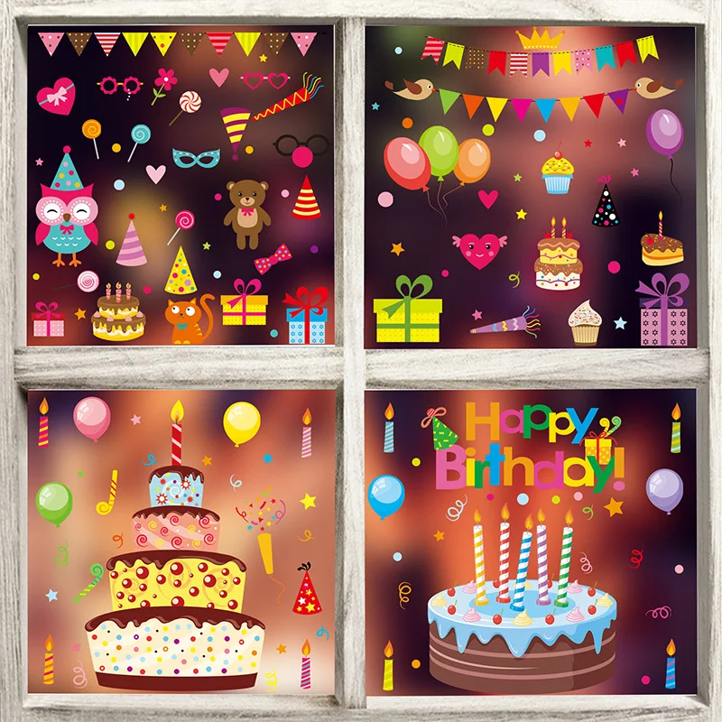 4Sheets Happy Birthday Static Decorative Window Stickers Double-Sided Cake Wall Decorations Home Gift For Kids Favor Supplies