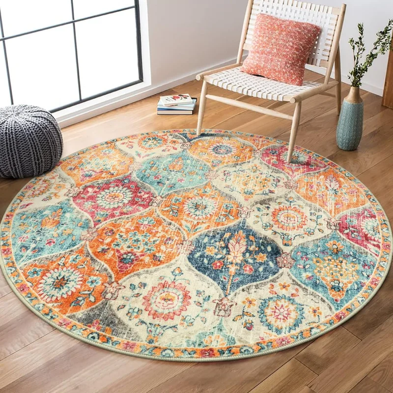 Christmas Grid Circular Area Carpet Washable Retro Ultra Thin