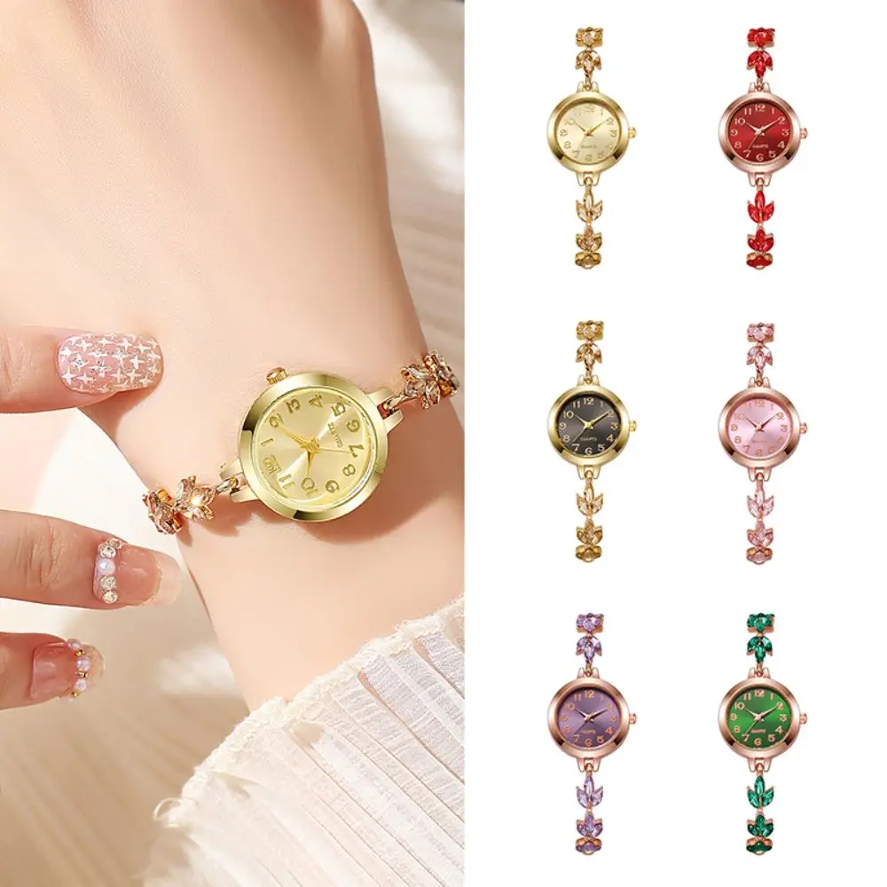 Numeral Dial Women Bracelet Watch Adjustable Diamond Setting Elegant Quartz Watch Violet Leaves Round Alloy Case Luxury Watch