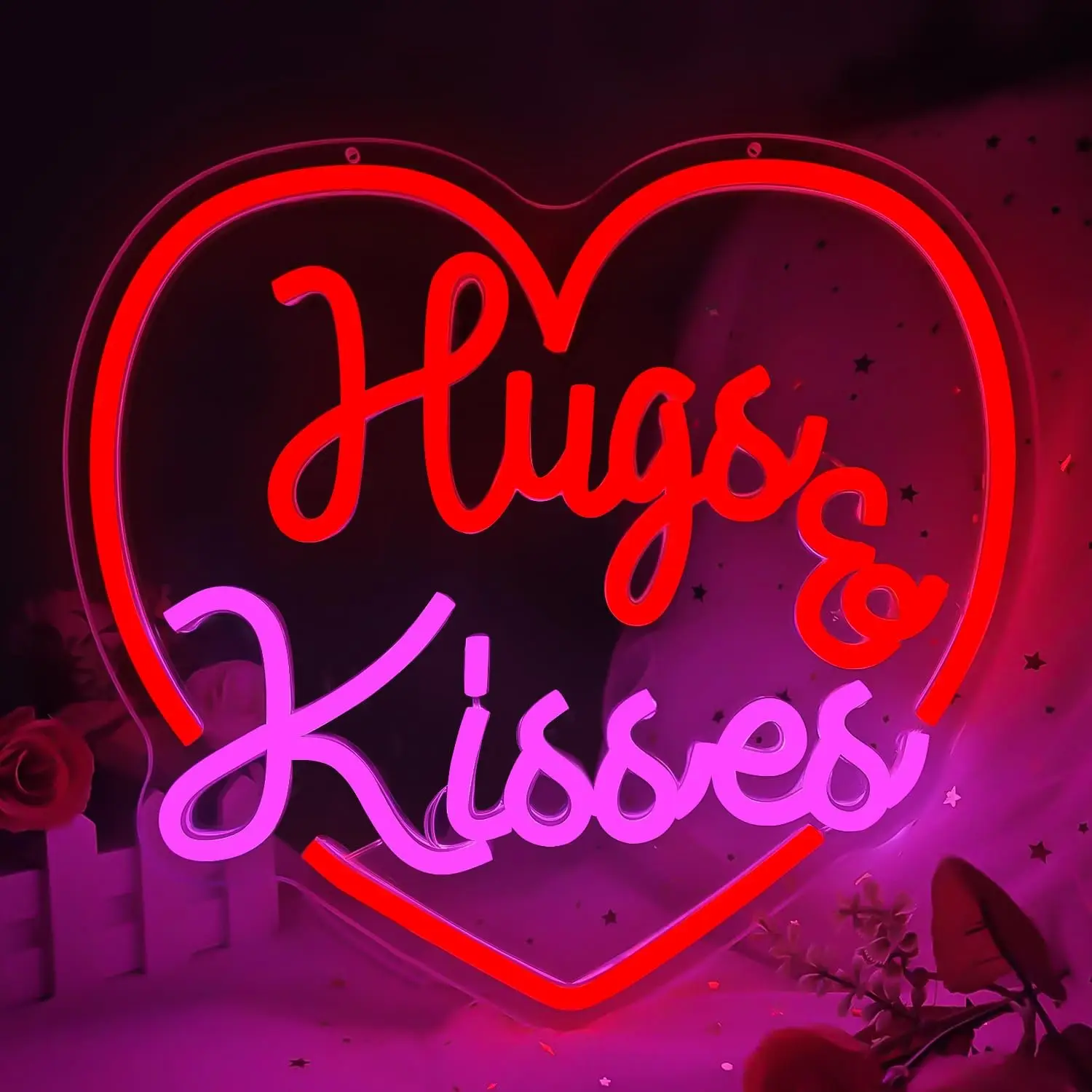 Hugs and Kisses Neon Light Dimmable Heart Wall Decor for Cafe Valentine Bedroom Dating Anniversary Romantic Gift LED Art Sign