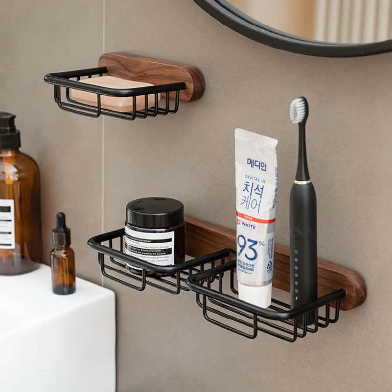 Creative Perforation-free Wooden Soap Shelf Bathroom Wall Hanging Storage Shelf Bathroom Accessories Hollow Soap Storage Basket