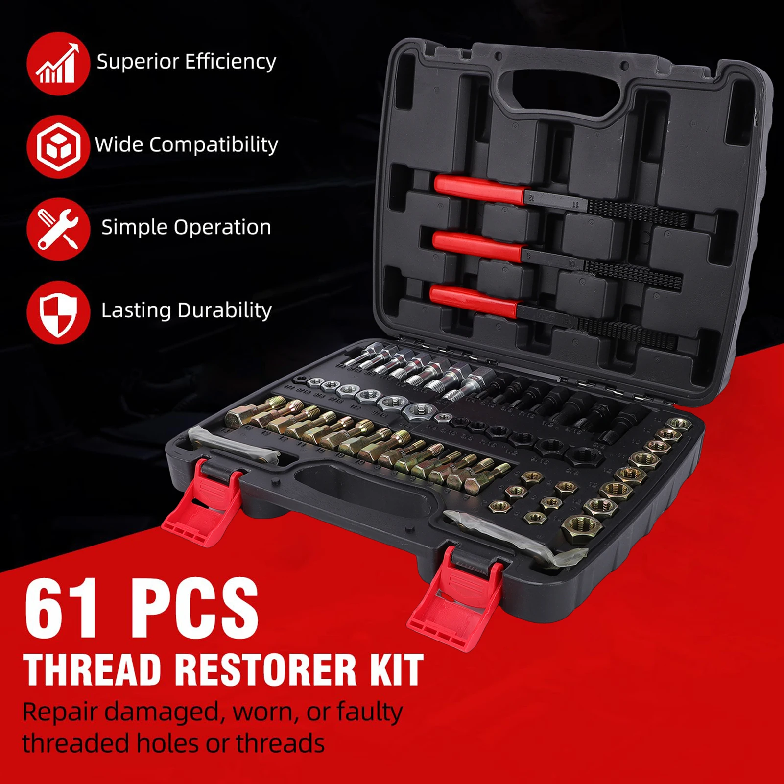 

61PCS Thread Repair Kit for Damaged Nuts and Bolts, Portable UNC UNF and Metric Thread Chaser Set for Automotive Repair Mechanic