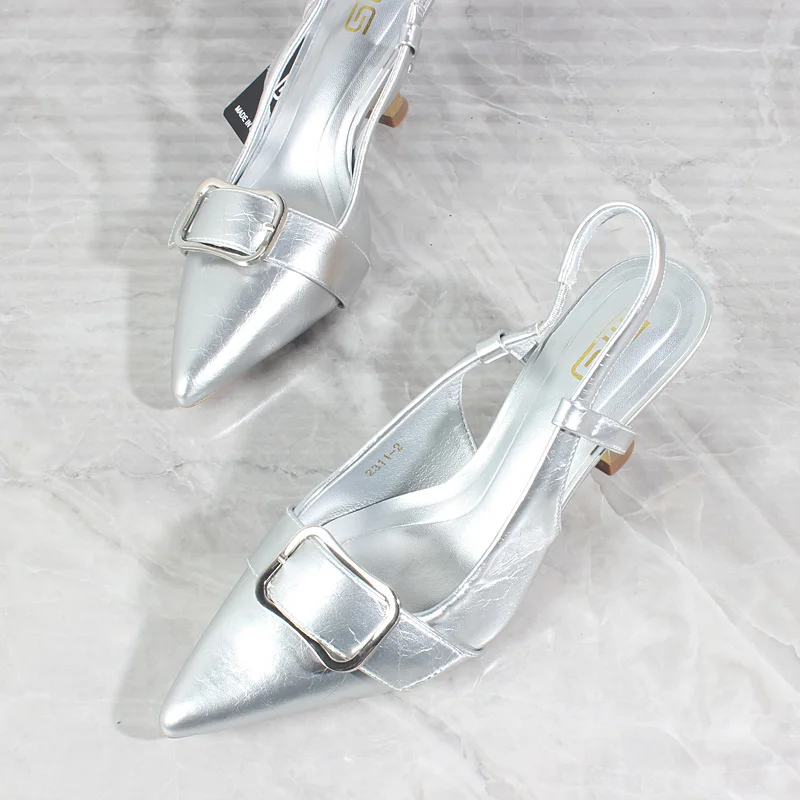 

Women's Shoes 2024 New PU Pointed Toe Belt Buckle High Heels Stiletto Sandals Silver Fashion Women's Heeled Single Shoes