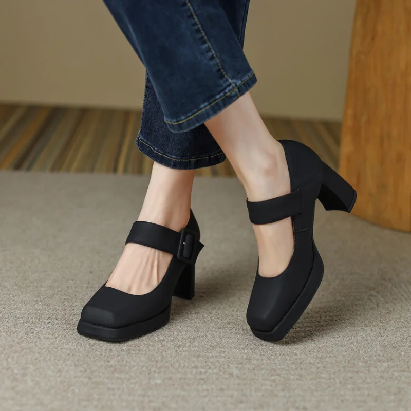 Spring and Autumn New style fashion Square head high-heeled Women\'s shoes Shallow mouth Buckle Thick heel Women shoes size 34-43