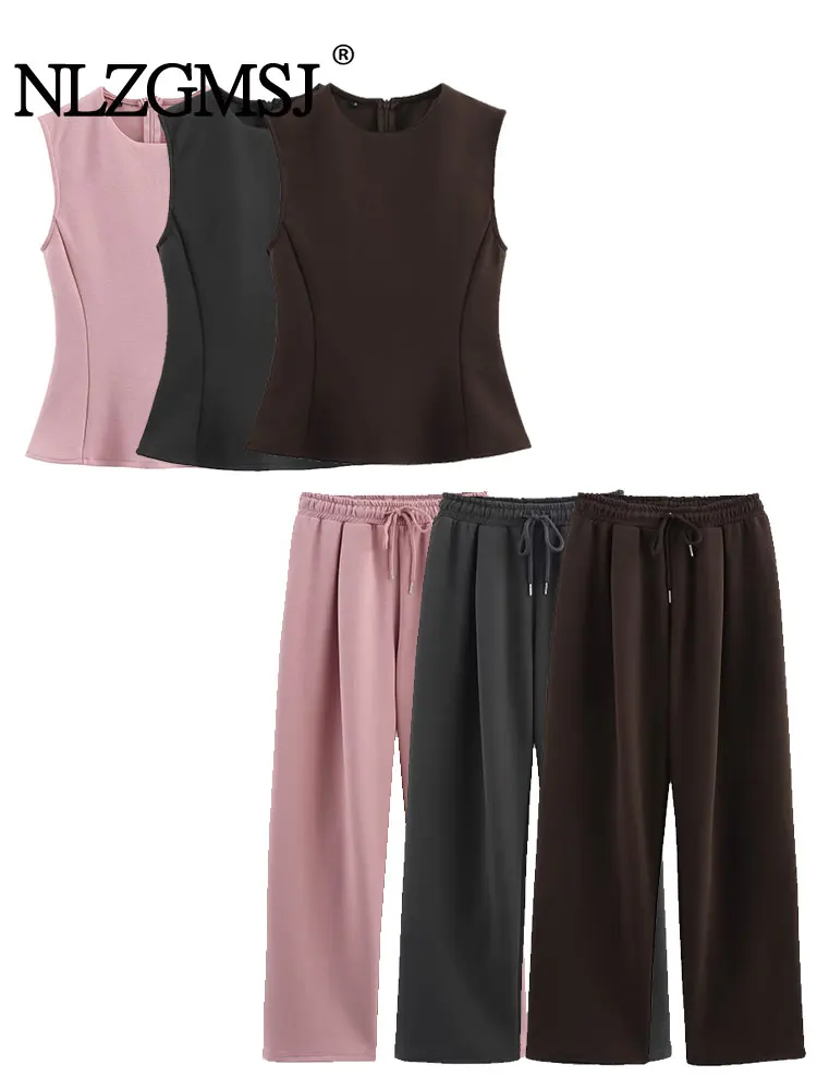 

2025 Summer Chic Casual Solid Sporty Women Suit Fashion Sleeveless O Neck Top Waist Long Sweatpants Two Piece Sets