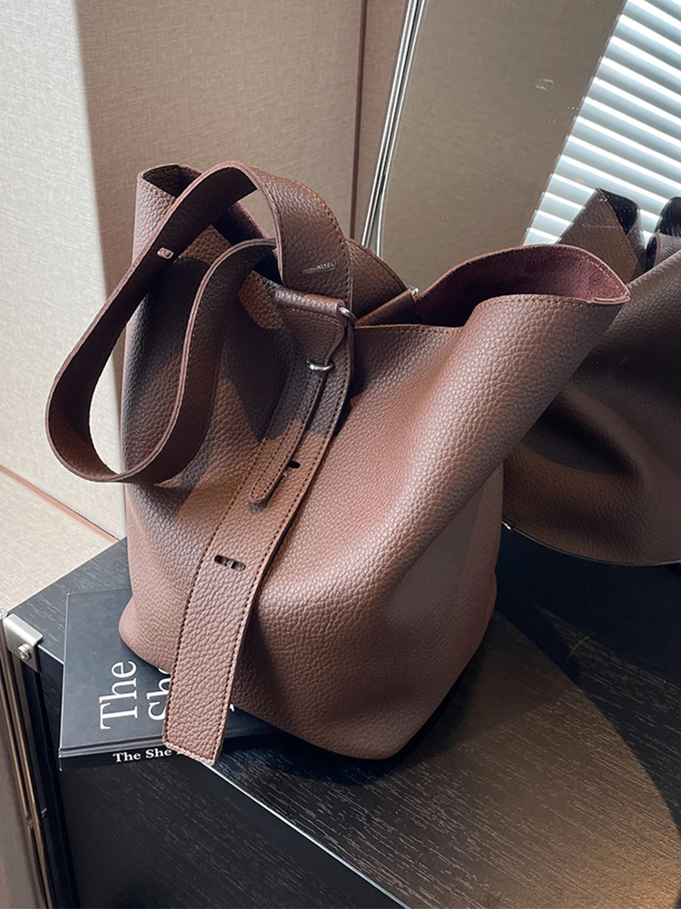 High Capacity PU Bucket Bag 2023 Women\'s Soft Leather Magnetic Buckle Adjustable Shoulder Strap Composite Bags Vintage Handbag