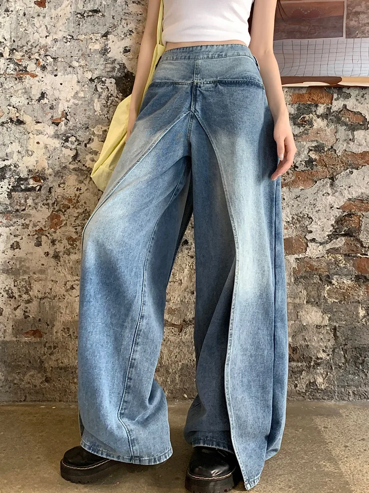 Vintage Fashion Women's Spliced Fake Two-piece Jeans Spring Trendy New Items Denim Pants Y2k Female Streetwear Summer