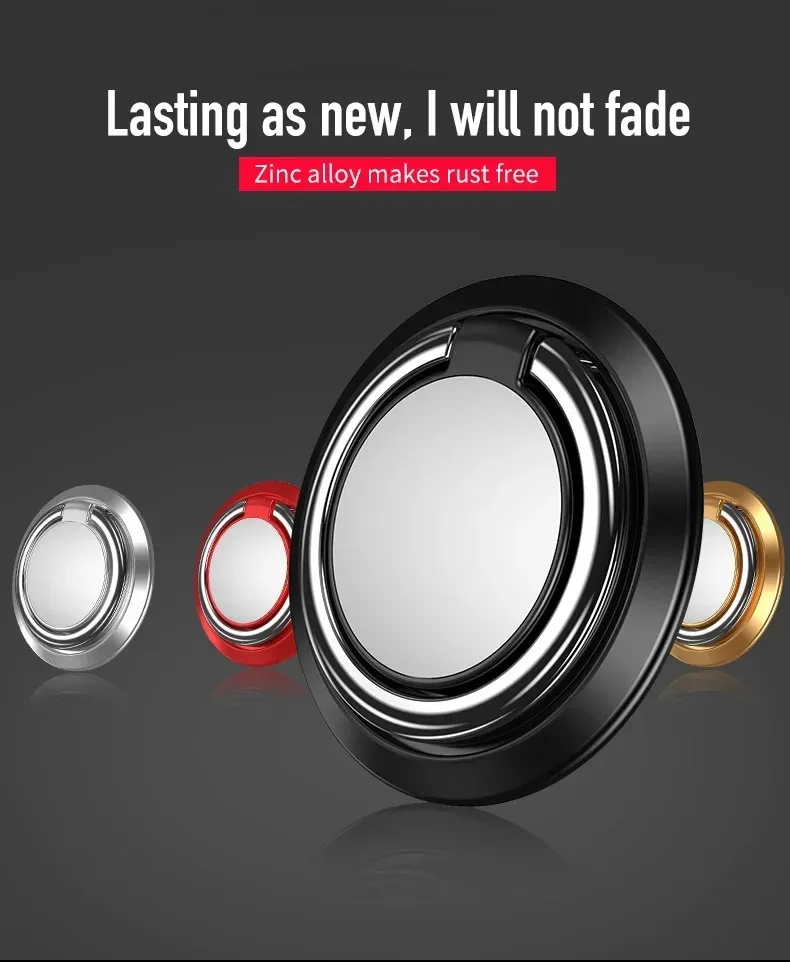 black zinc alloy finger ring phone holder with a sleek reflective inner circle and sturdy outer rim shown from a front angle